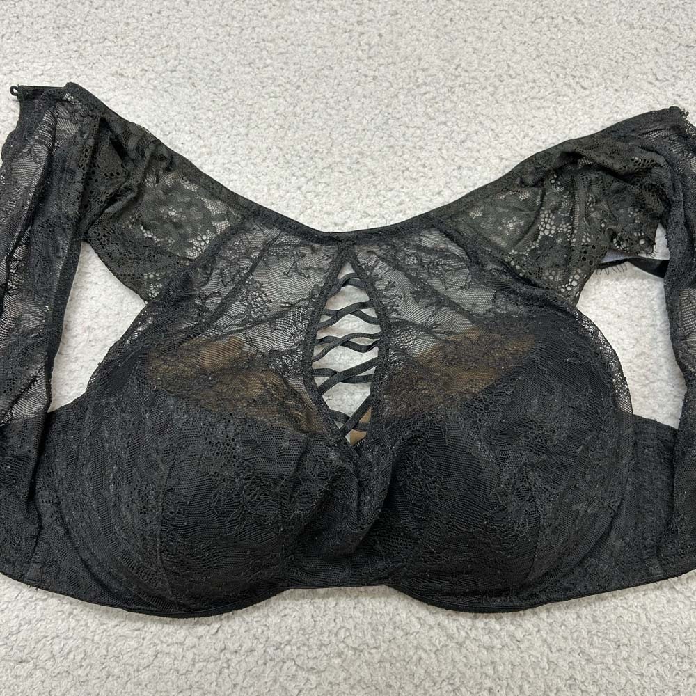 Cacique Bra 38DD Balconette Bra Lightly Lined French Lace Underwire Black